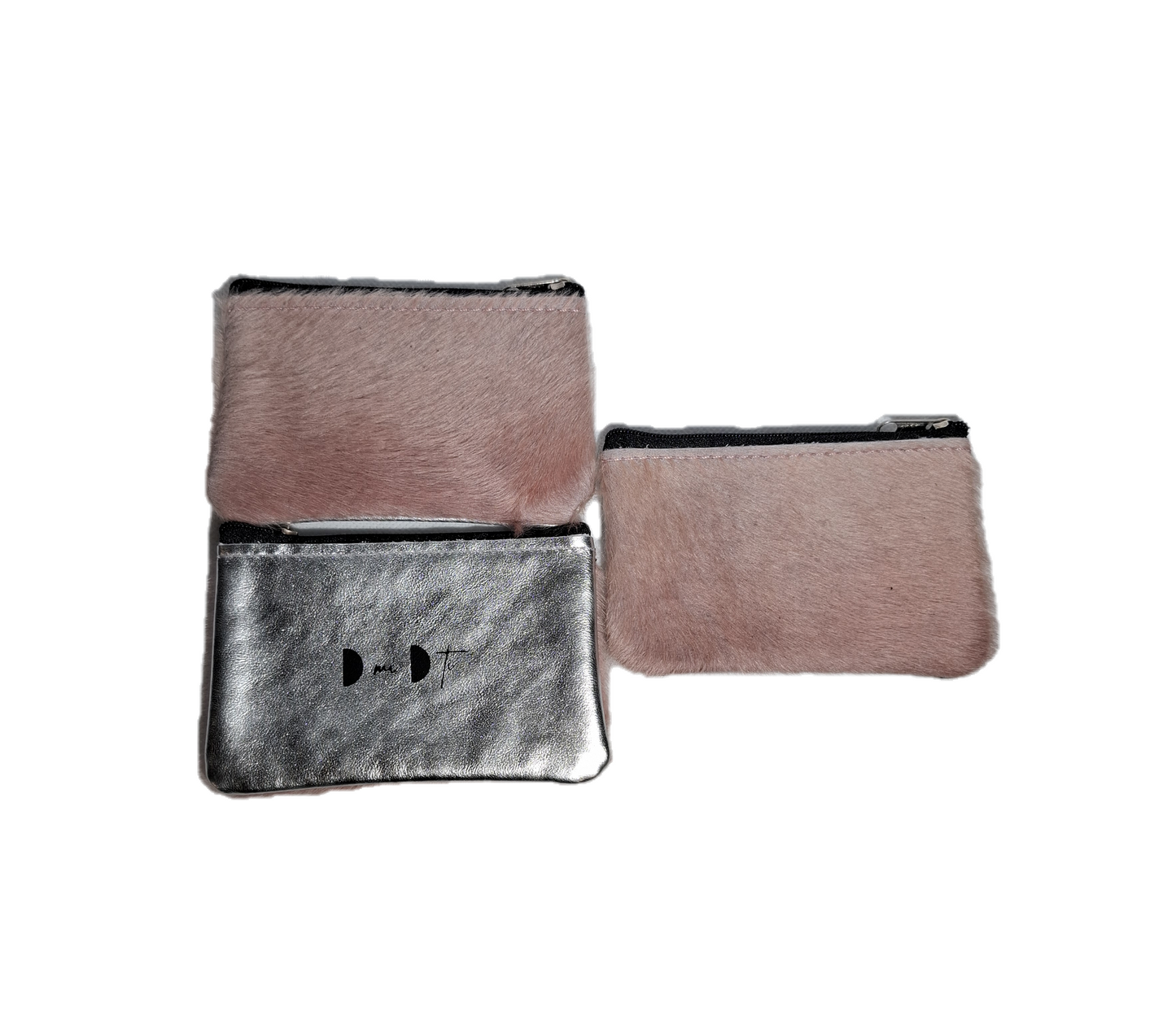 Monedero de piel con pelo rosa y piel plata