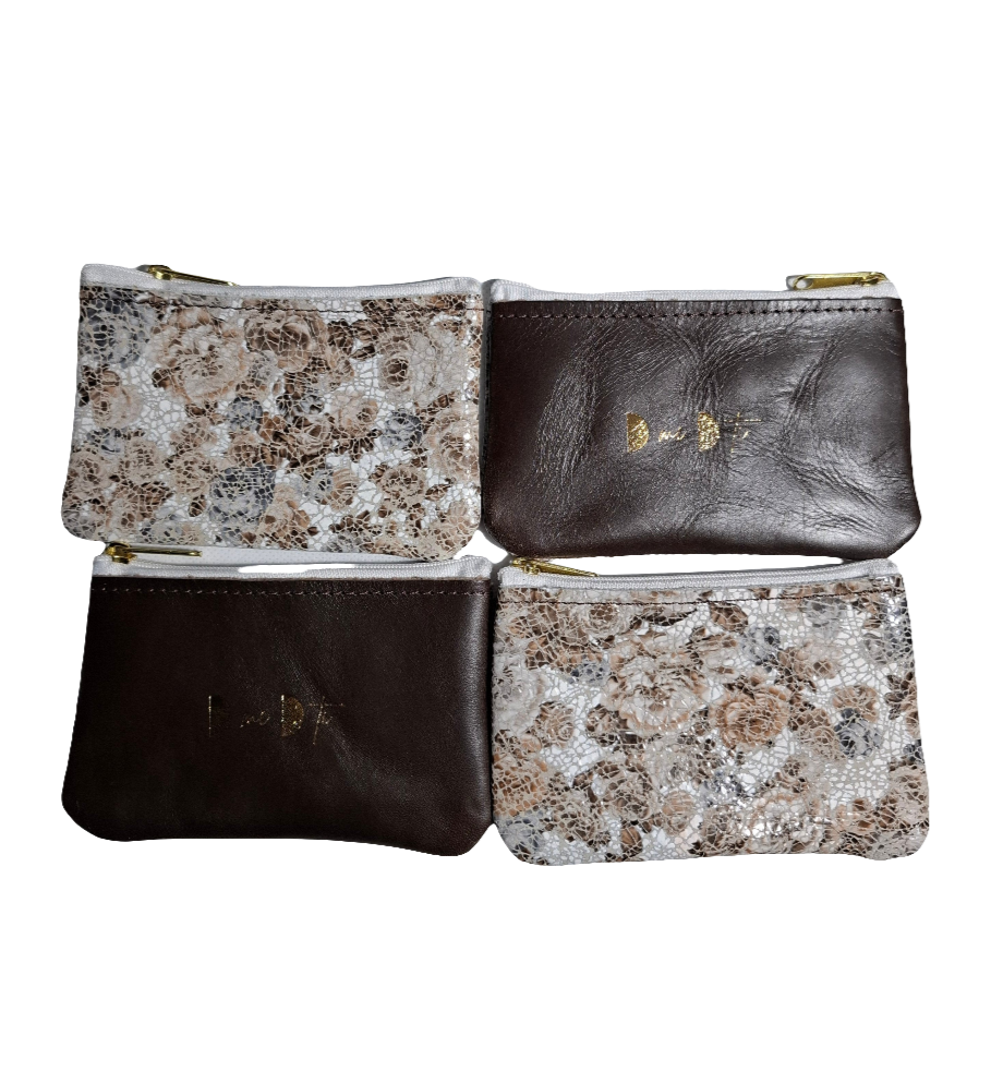 Monedero de piel flores marrón y gris