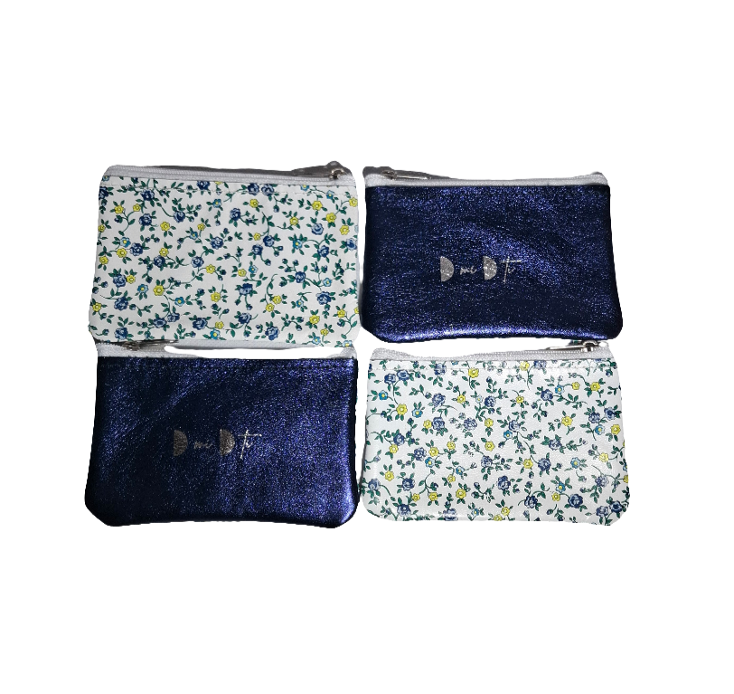 Monedero de piel flores azules y metalizado