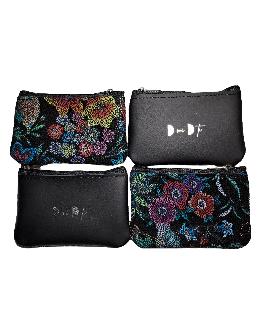 Monedero de piel flores brillo sobre negro