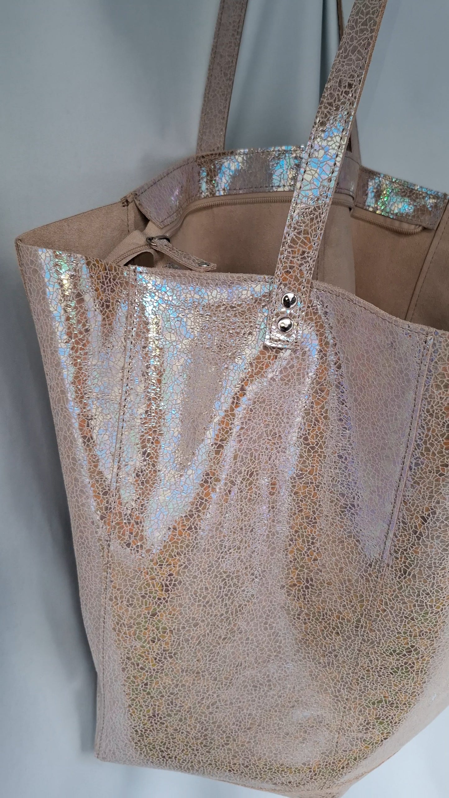 Bolso shopper VEGA XL piel brillante tornasolada beige