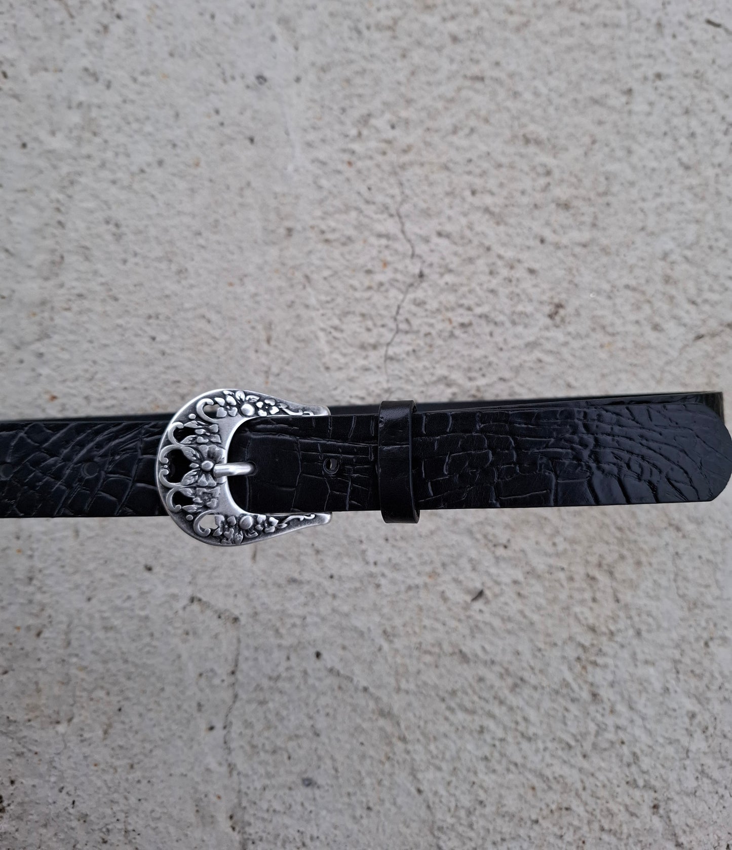 Cinturón de piel negro coco 3cm hebilla plata vieja