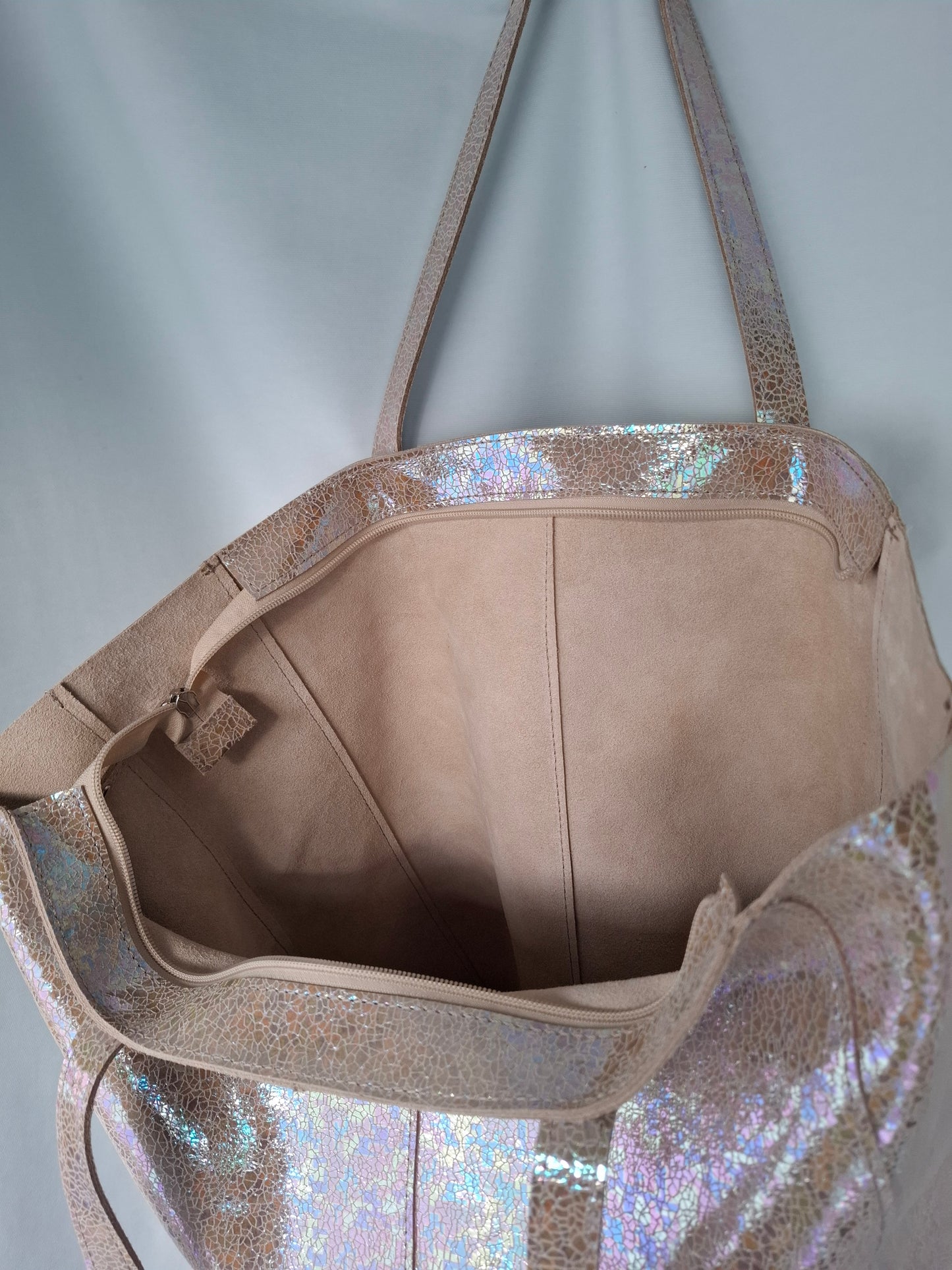 Bolso shopper VEGA XL piel brillante tornasolada beige