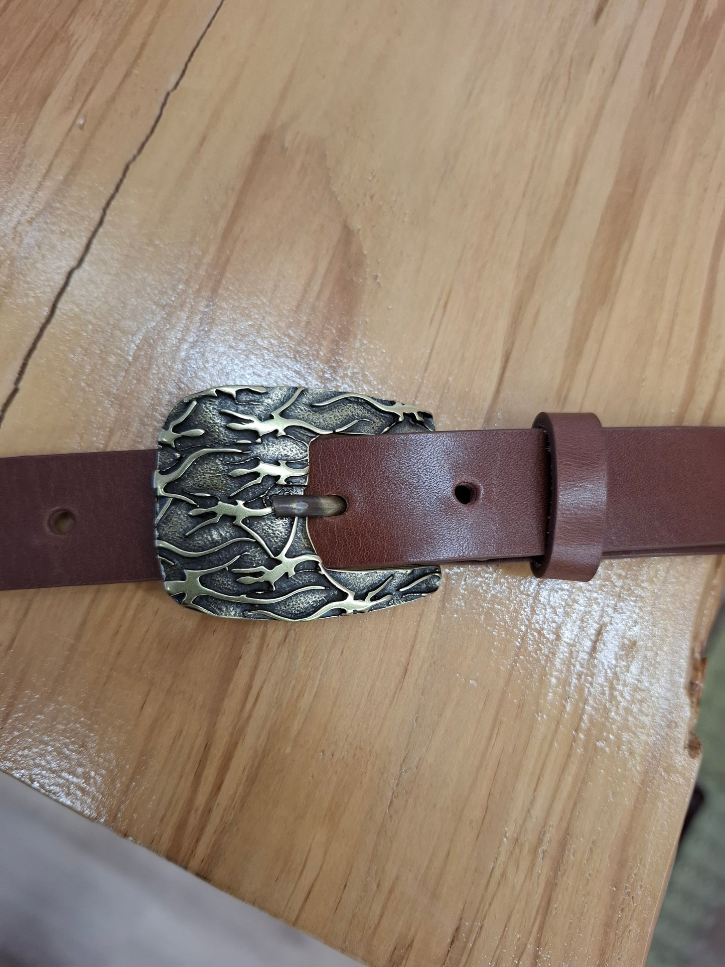 Cinturón de piel marrón 2,5cm hebilla oro viejo lagartijas