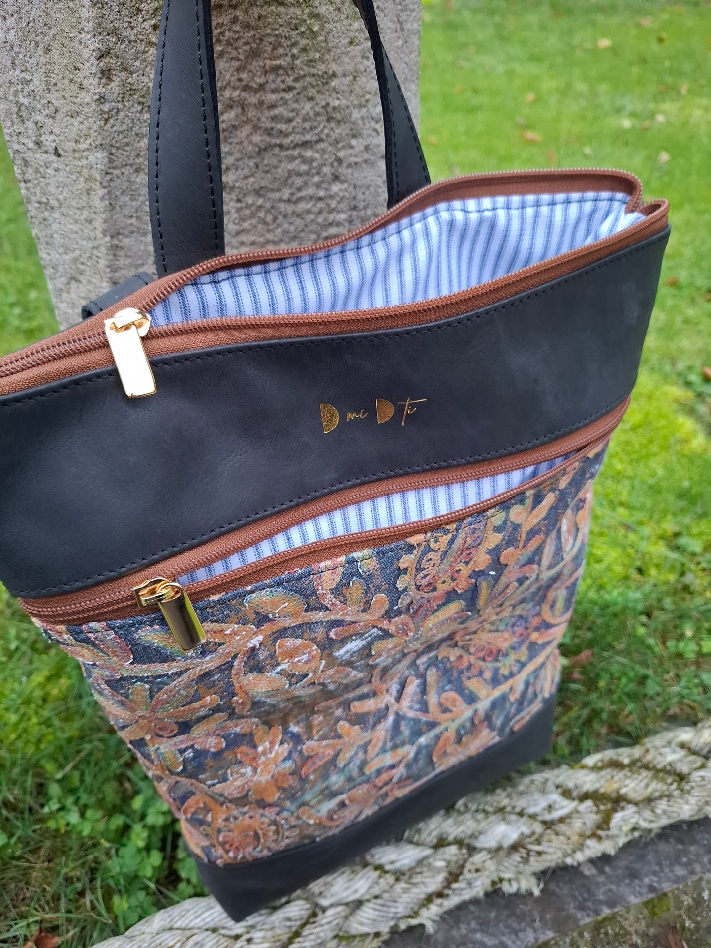 Mochila antirrobo XL TERRA CHÁ piel negra y denim efecto óxido