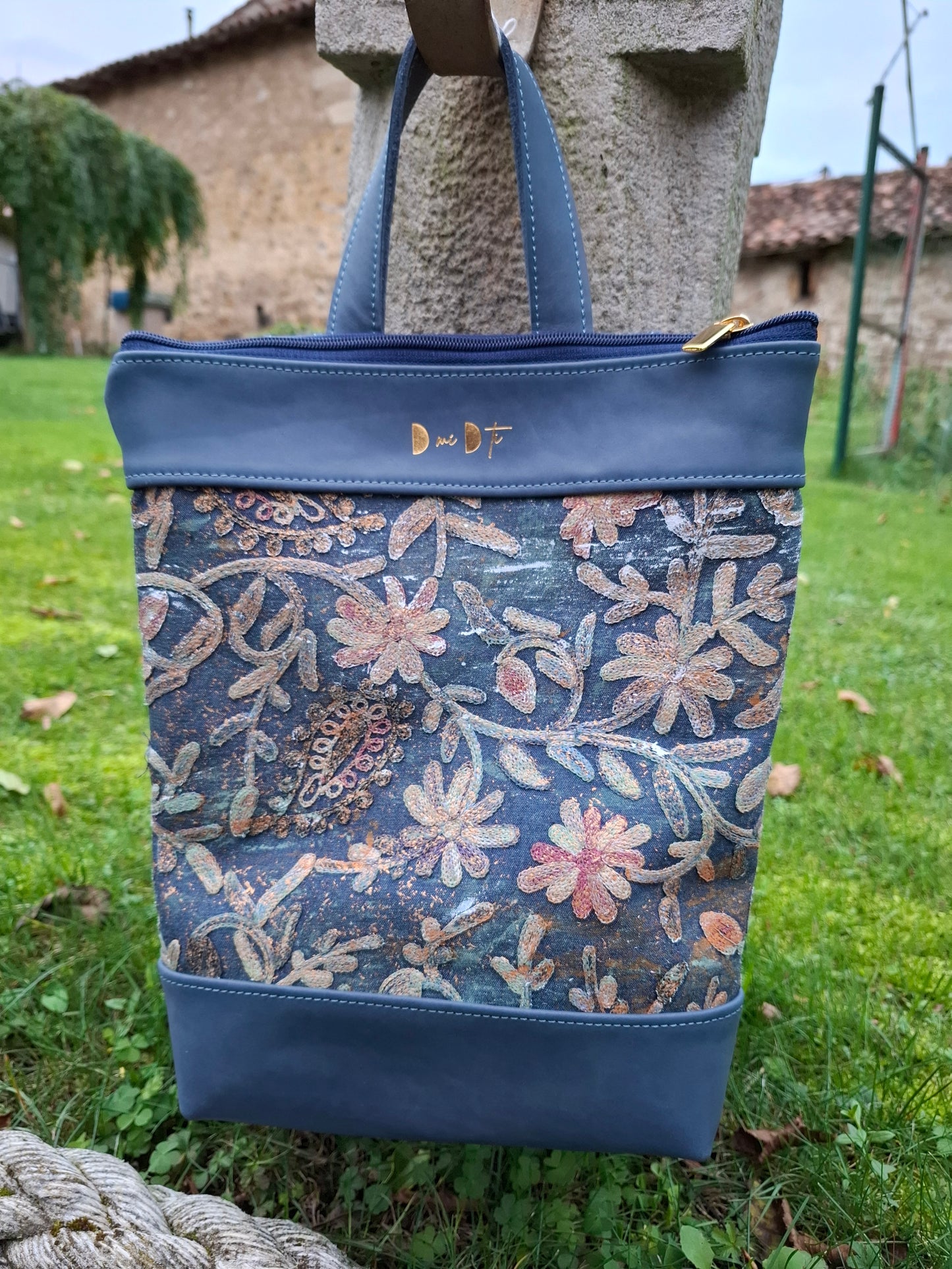 Mochila antirrobo TERRA CHÁ piel azul y denim efecto óxido