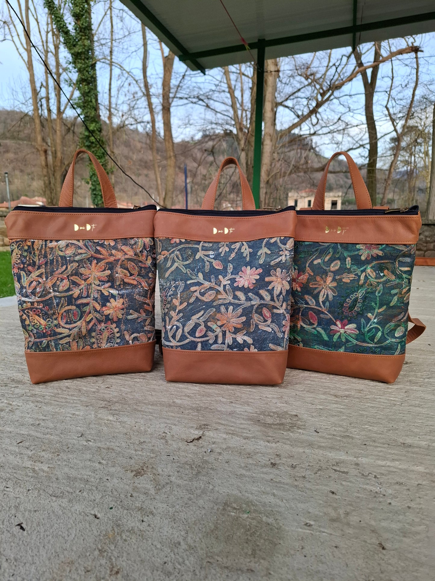 Mochila antirrobo TERRA CHÁ piel marrón y denim efecto óxido
