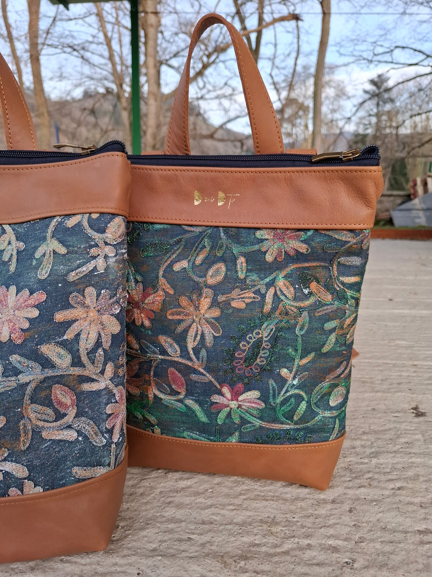 Mochila antirrobo TERRA CHÁ piel marrón y denim efecto óxido