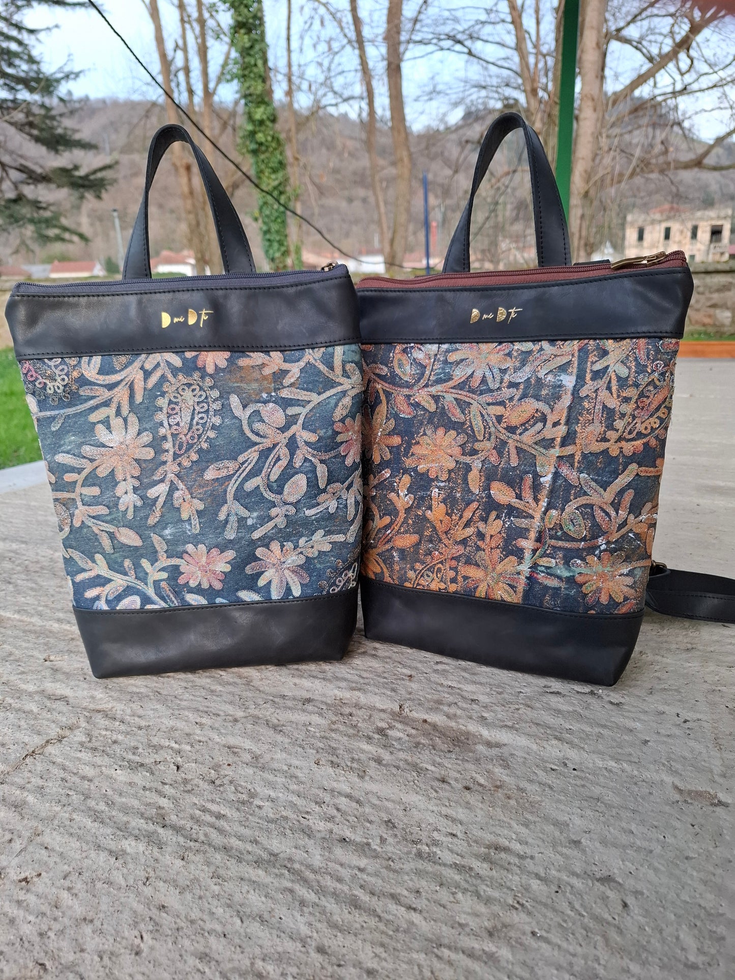 Mochila antirrobo TERRA CHÁ piel negra y denim efecto óxido