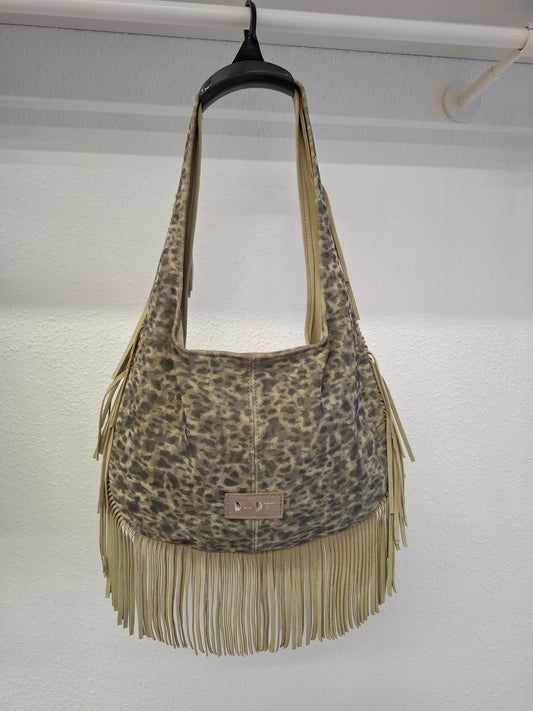 Bolso SOTO serraje flecos leopardo verde