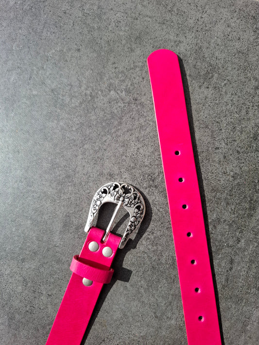 Cinturón de piel rosa 3cm hebilla plata vieja