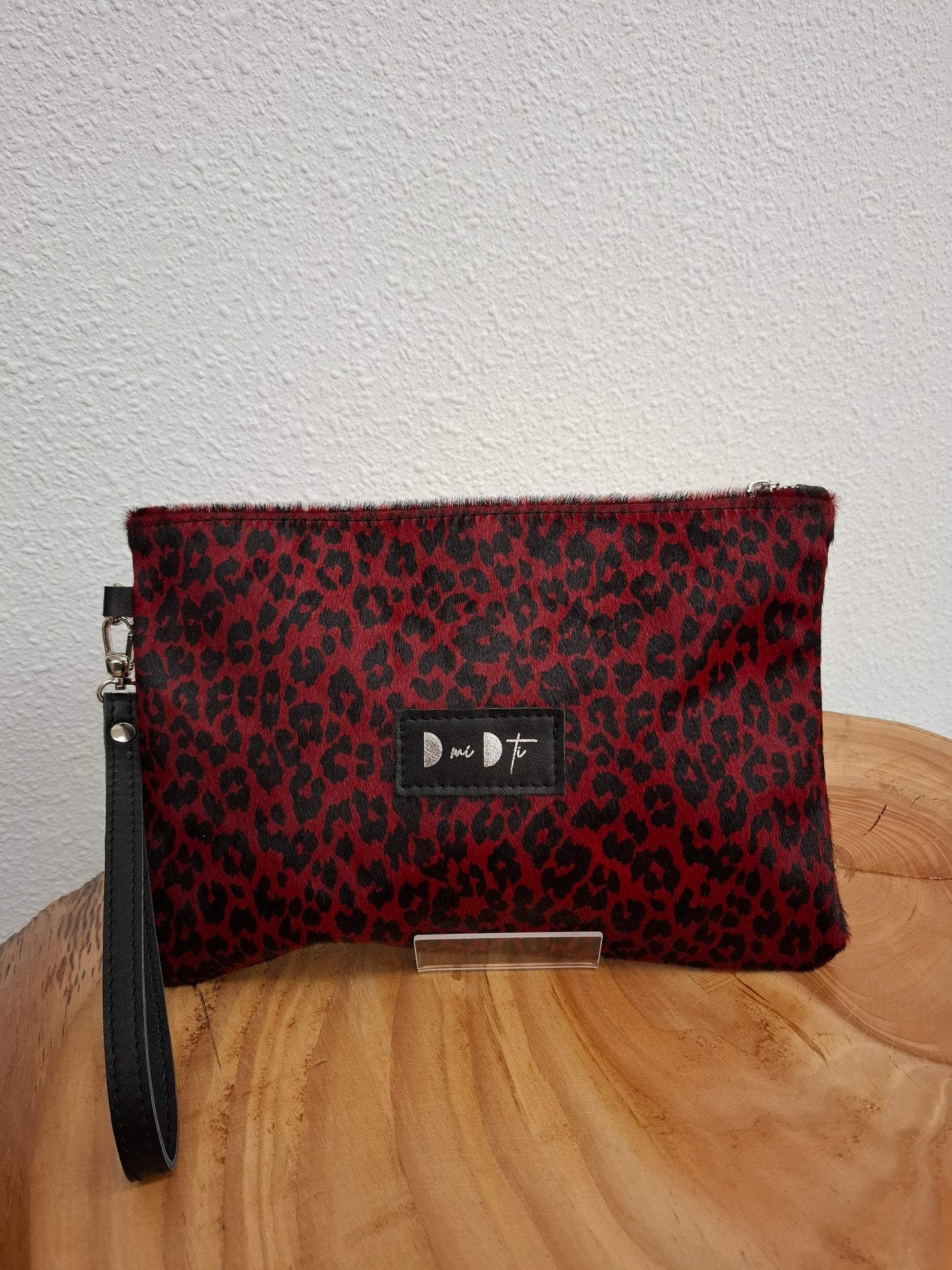 Bolso de mano DOBRA piel con pelo leopardo rojo