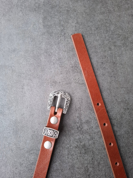 Cinturón de piel marrón 1,5cm hebilla plata vieja