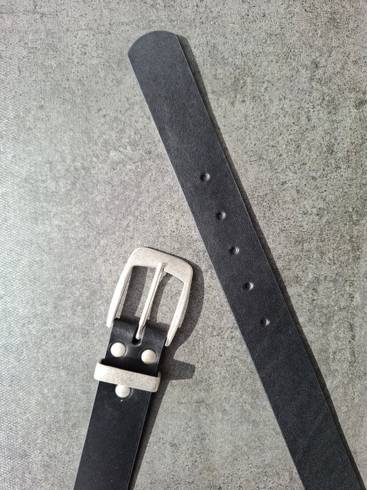 Cinturón hombre de piel negro 3,5cm hebilla plata vieja