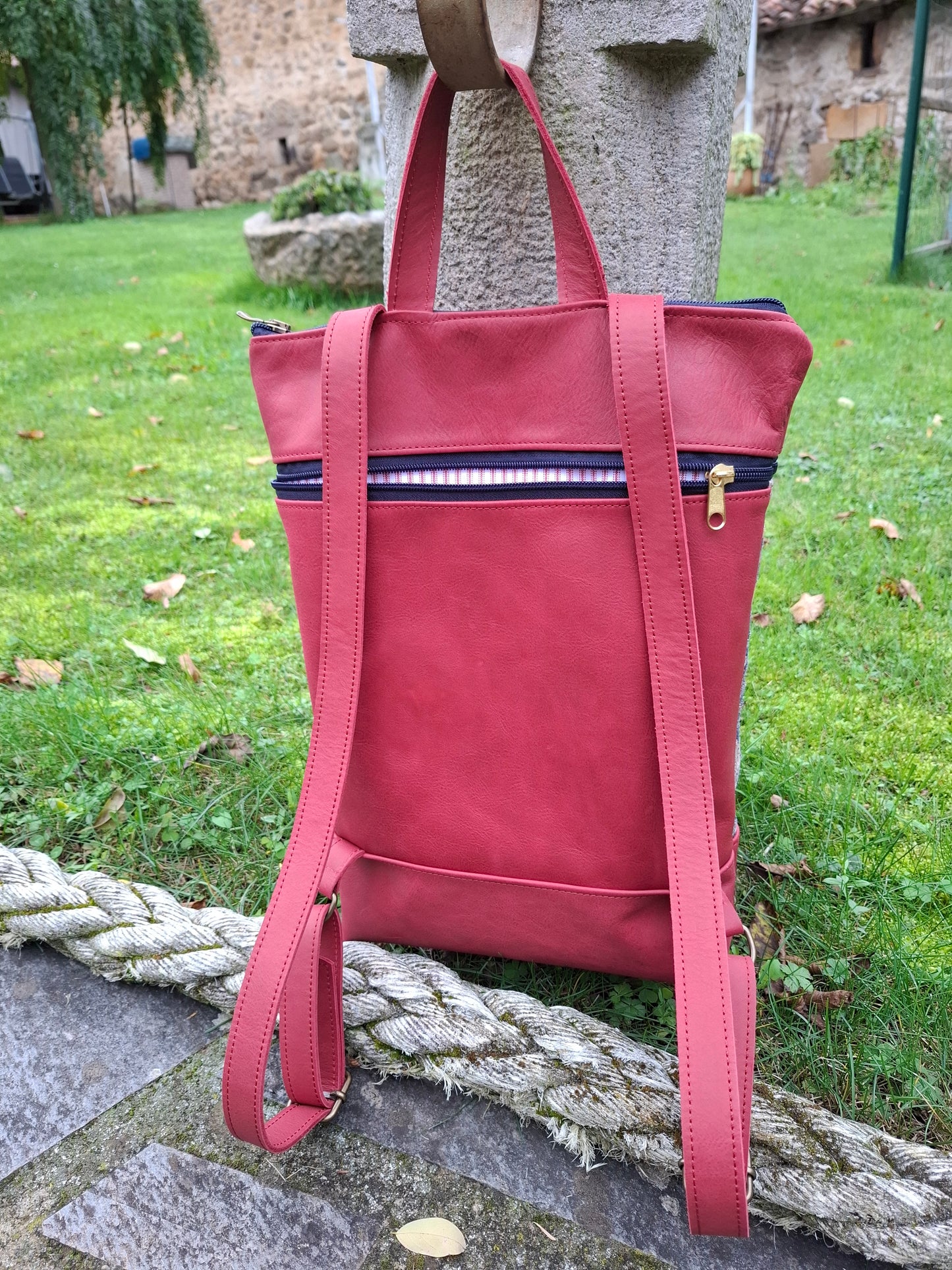 Mochila antirrobo XL TERRA CHÁ piel roja y denim efecto óxido