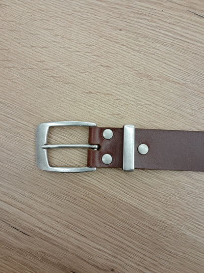 Cinturón hombre de piel marrón coñac 3,5cm hebilla plata vieja