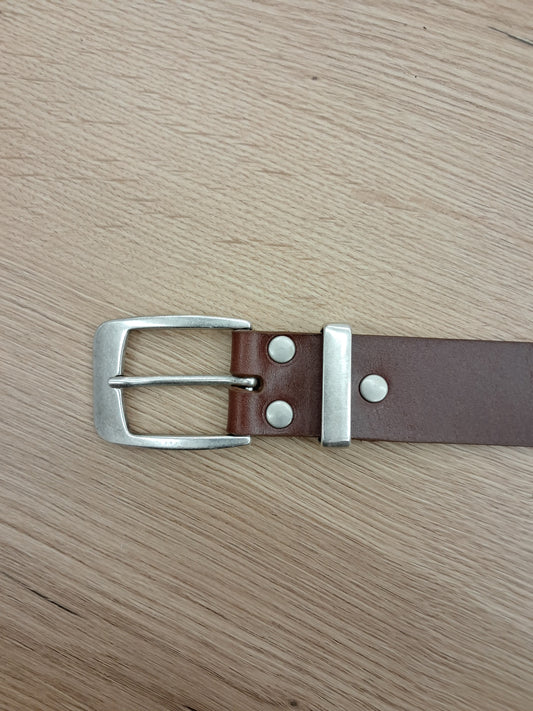 Cinturón hombre de piel marrón coñac 3,5cm hebilla plata vieja