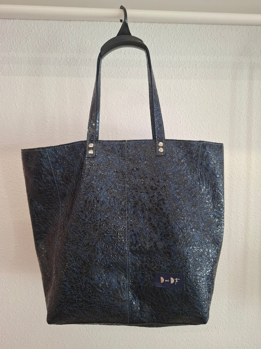 Bolso shopper VEGA XL piel charol arrugado azul y negro