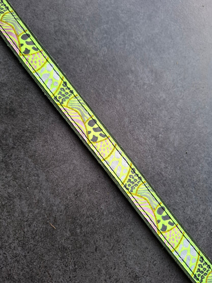 Correa de perro piel y cinta brillo verde y amarillo