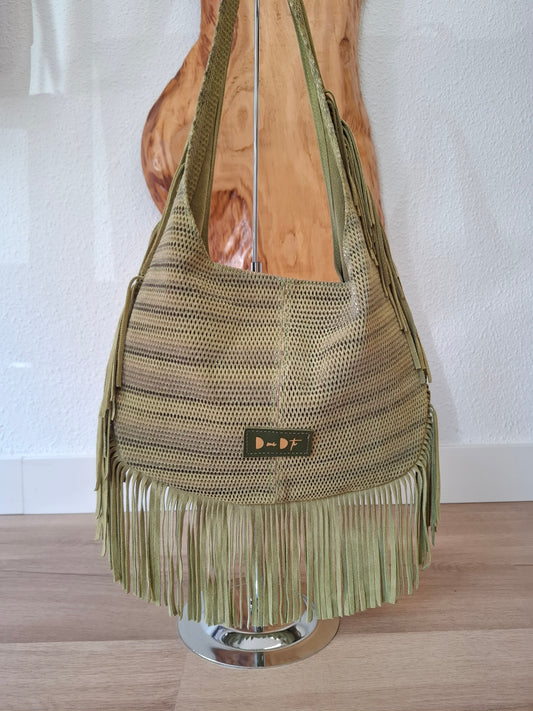 Bolso SOTO serraje flecos red verde brillos dorados
