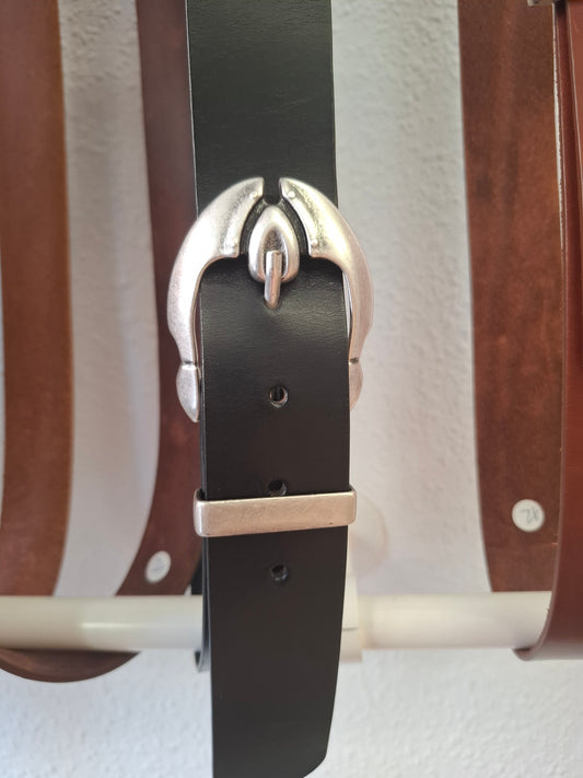 Cinturón hombre de piel negro 4cm hebilla plata vieja pezuña