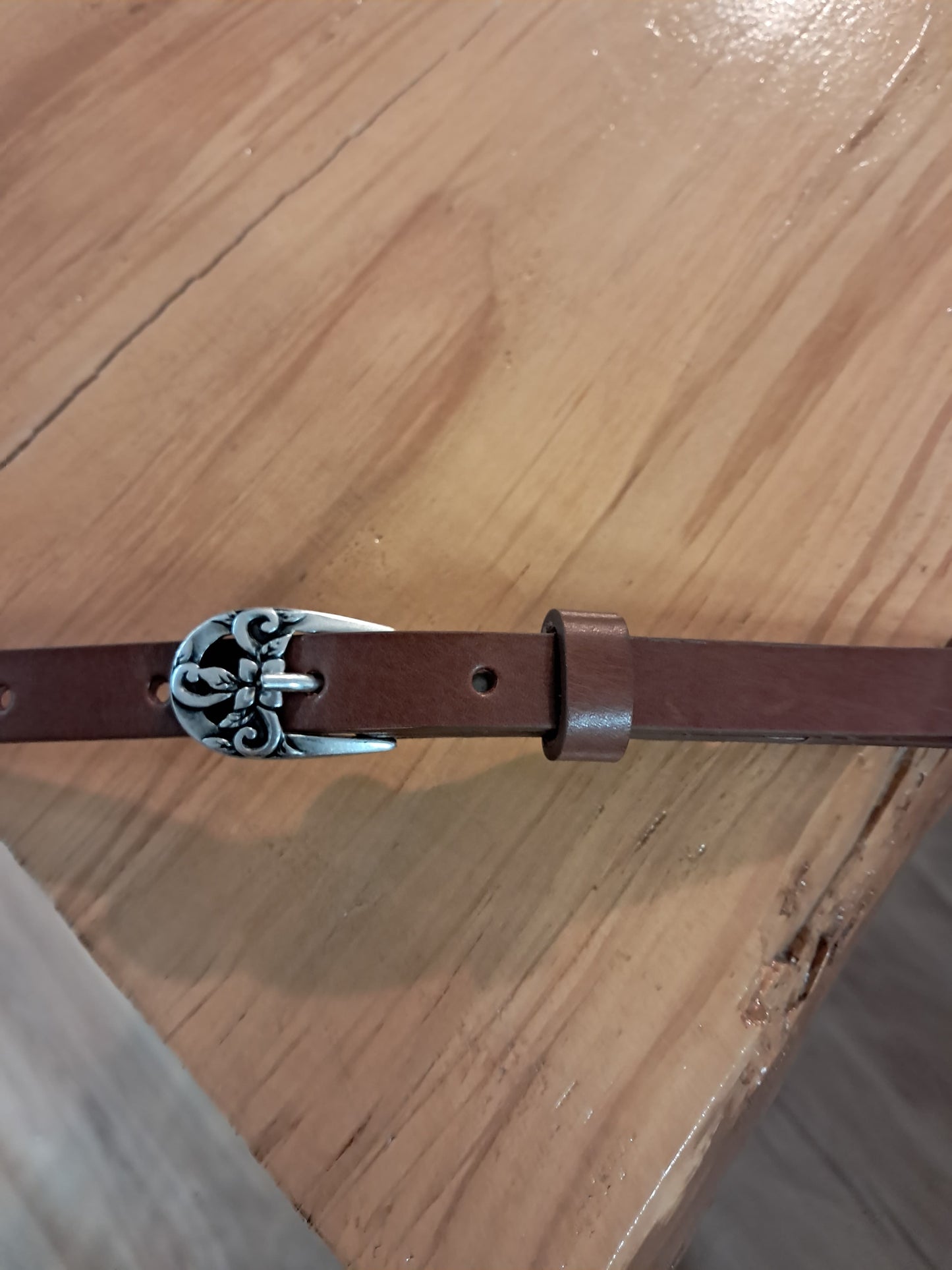 Cinturón de piel marrón 1,5cm hebilla plata vieja