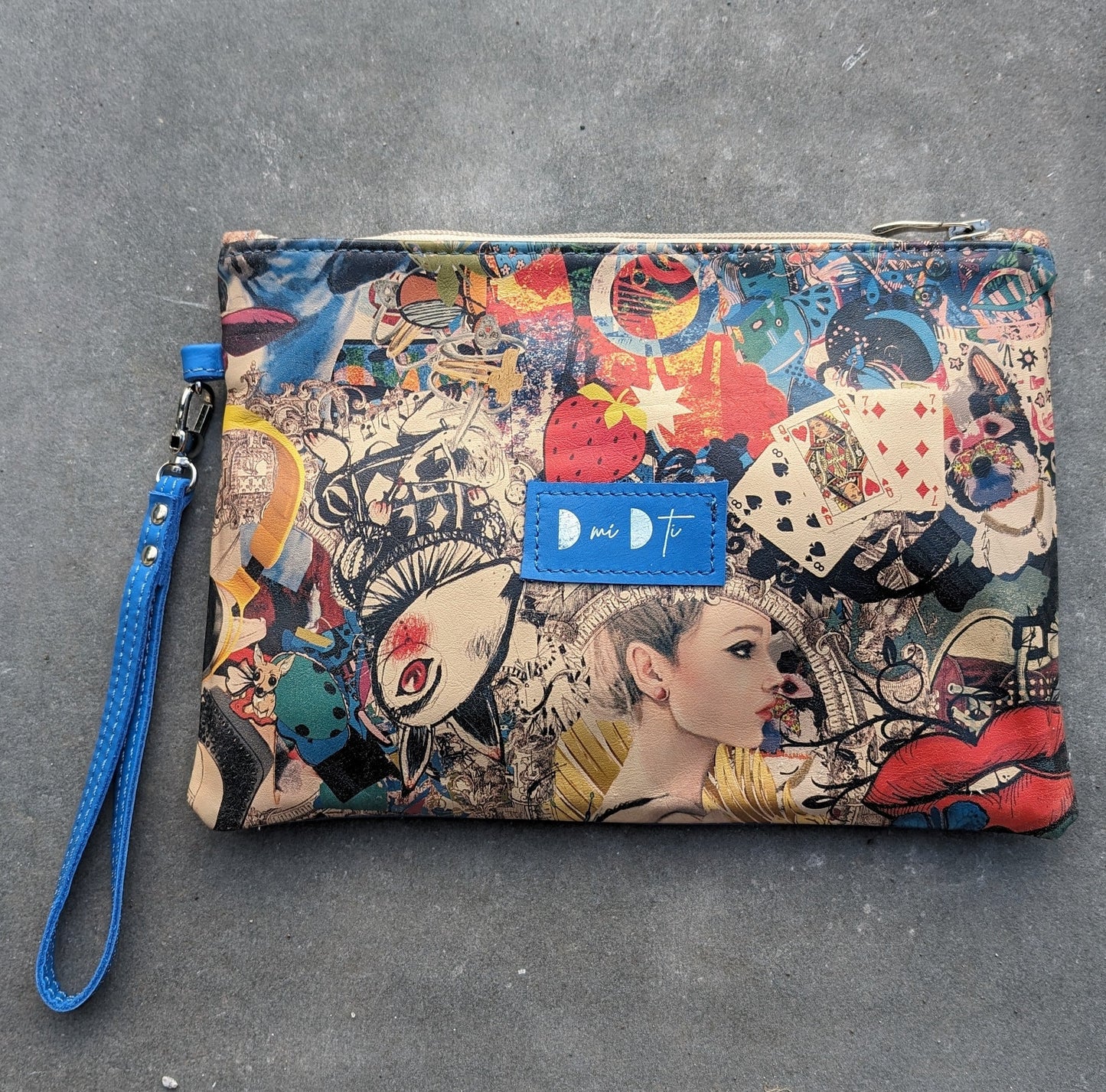 Bolso de mano DOBRA dibujos y piel azul