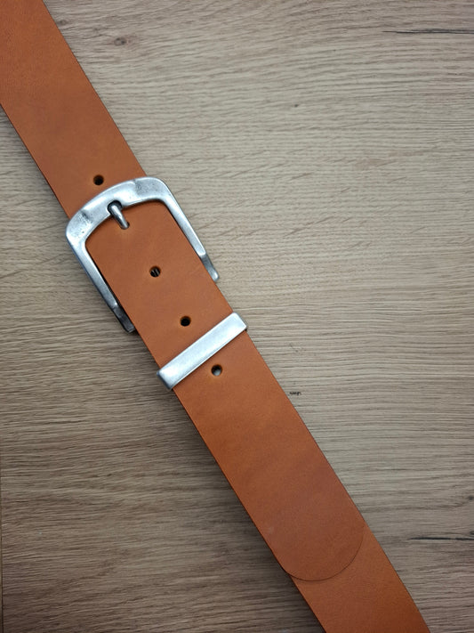 Cinturón hombre de piel camel 4cm hebilla plata vieja