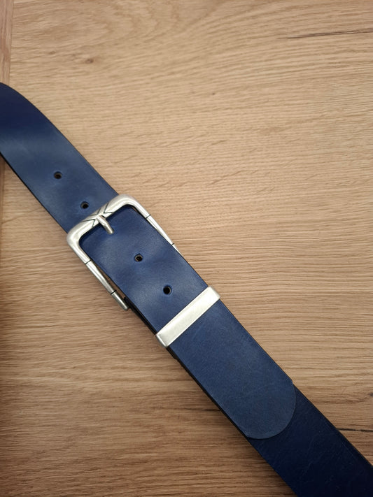 Cinturón hombre de piel azul 4cm hebilla plata vieja con X