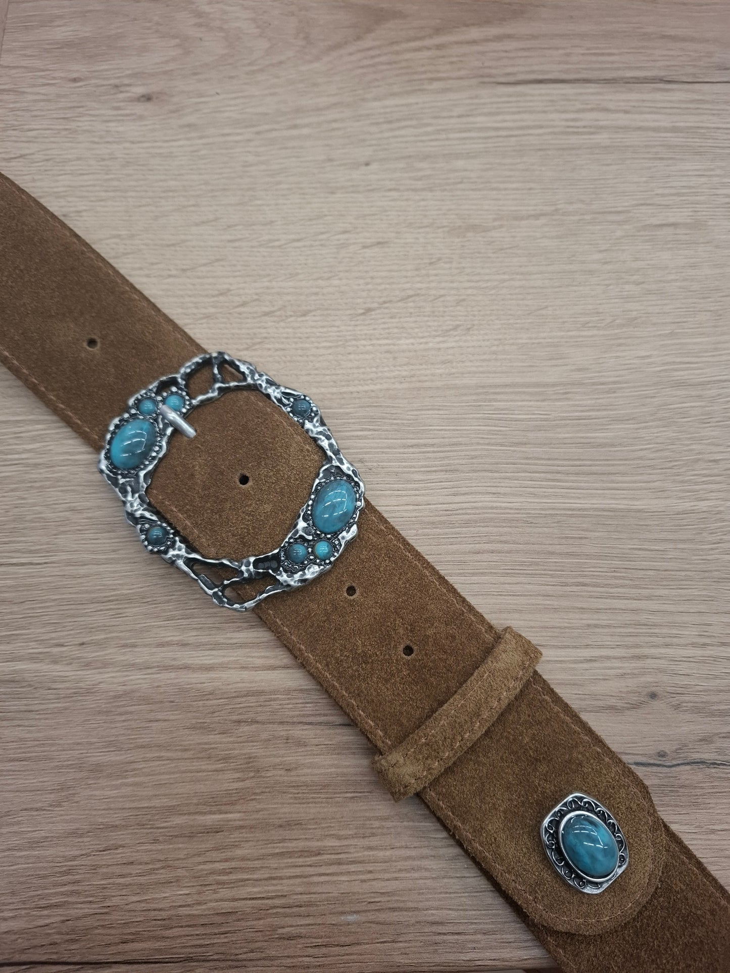 Cinturón de serraje 5cm hebilla rectangular piedras azules