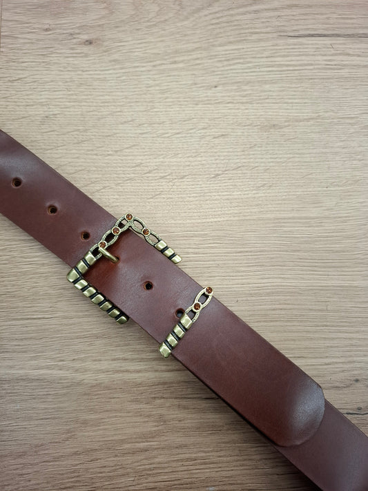 Cinturón de piel marrón 4cm hebilla oro viejo piedras