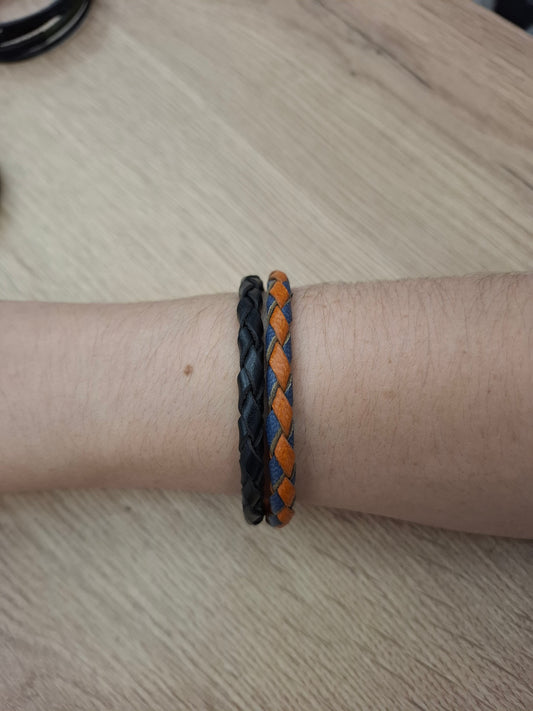 Pulsera piel doble negro, naranja y azul