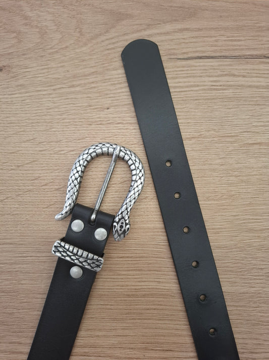Cinturón de piel negro 3cm hebilla serpiente plata vieja