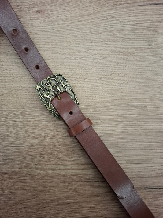 Cinturón de piel marrón 2,5cm hebilla oro viejo lagartijas