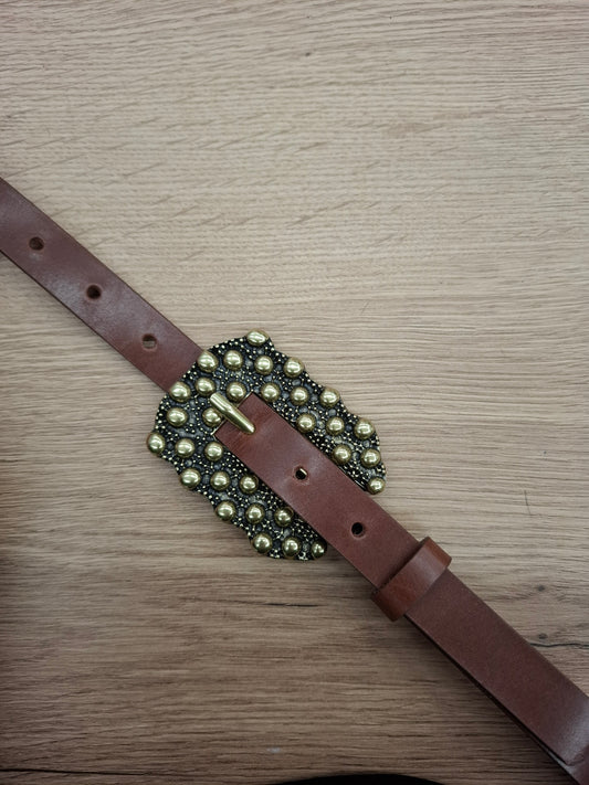 Cinturón de piel marrón 2cm hebilla oro viejo puntos
