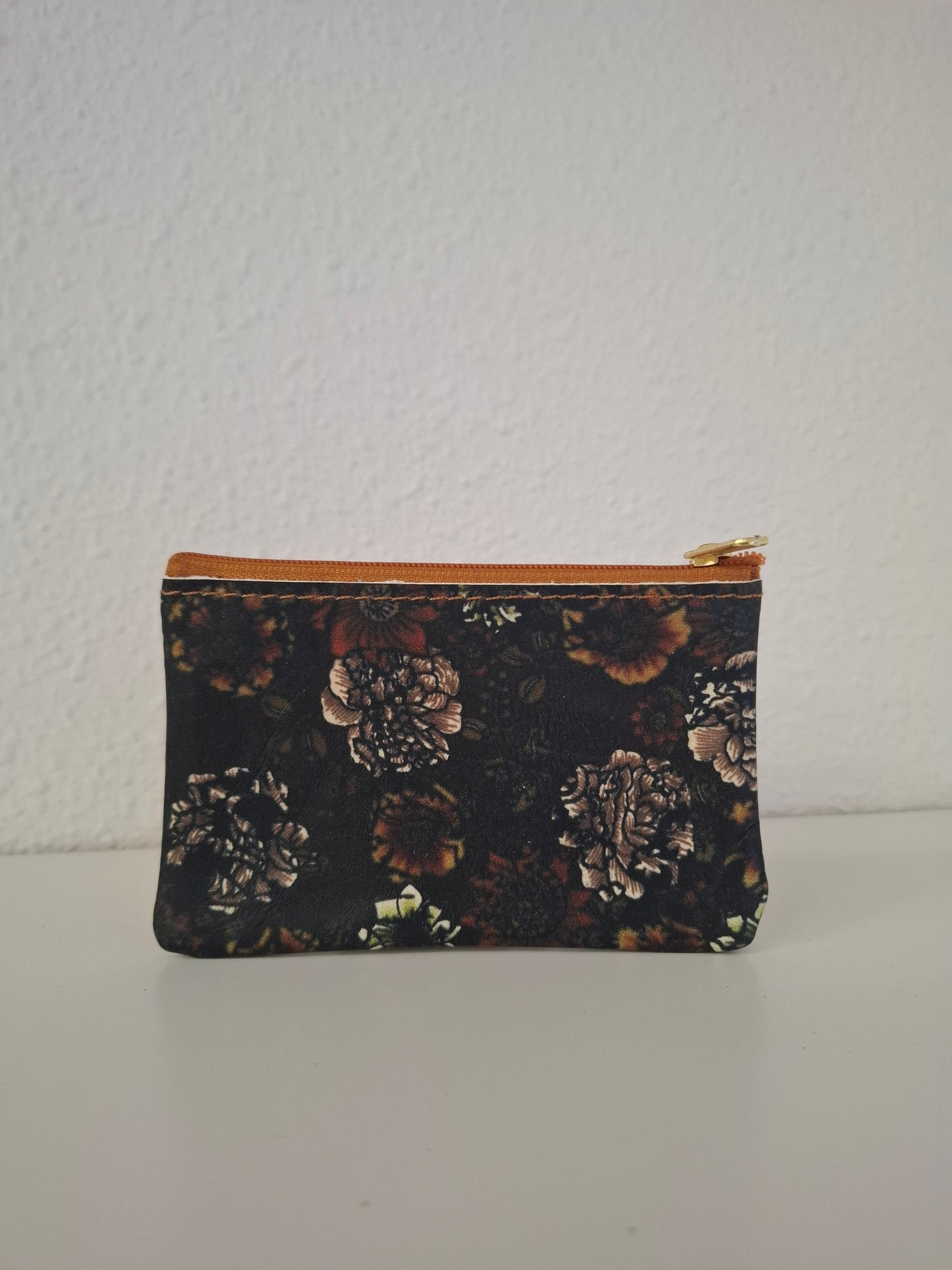 Monedero de piel flores negro marrón