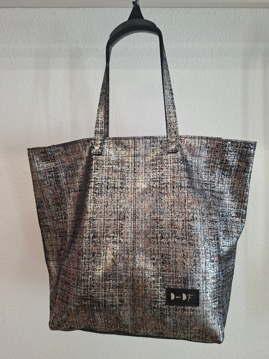Bolso shopper VEGA XL piel jaspeado brillo negro y plata