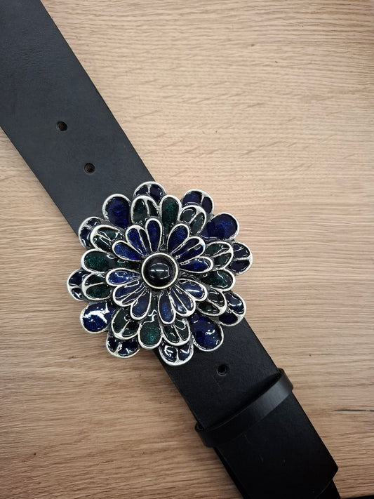 Cinturón de piel 5cm hebilla flor azul y verde