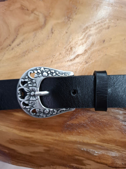 Cinturón de piel negro 3cm hebilla lazo plata vieja