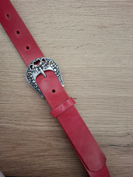 Cinturón de piel rosa 3cm hebilla lazo plata vieja