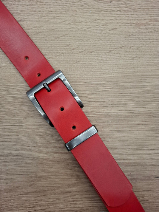 Cinturón hombre de piel rojo 3,5cm hebilla fumé satinada
