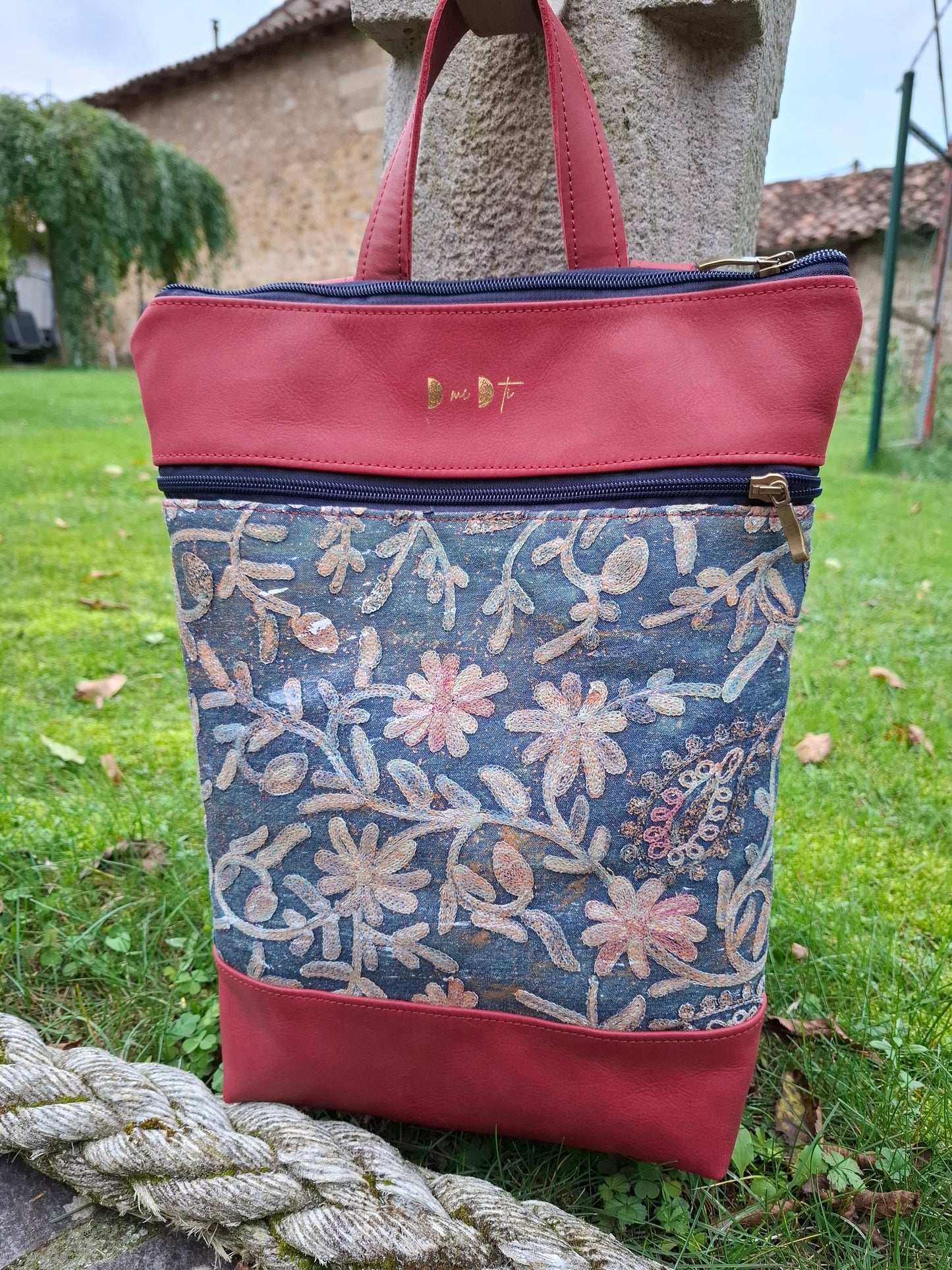 Mochila antirrobo XL TERRA CHÁ piel roja y denim efecto óxido