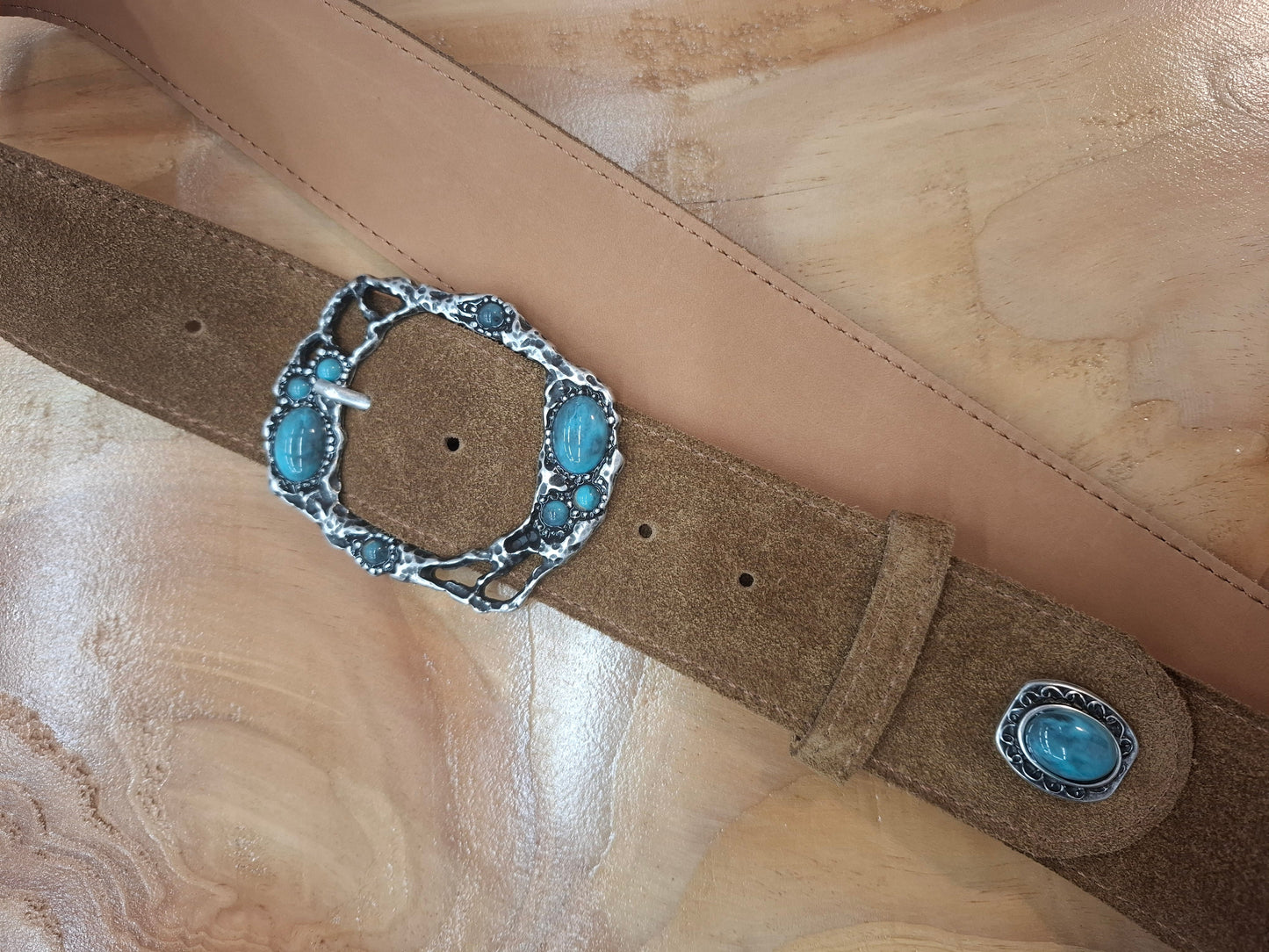 Cinturón de serraje 5cm hebilla rectangular piedras azules