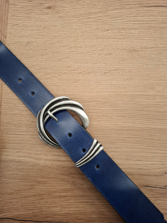 Cinturón de piel azul 3,5cm hebilla plata vieja ola
