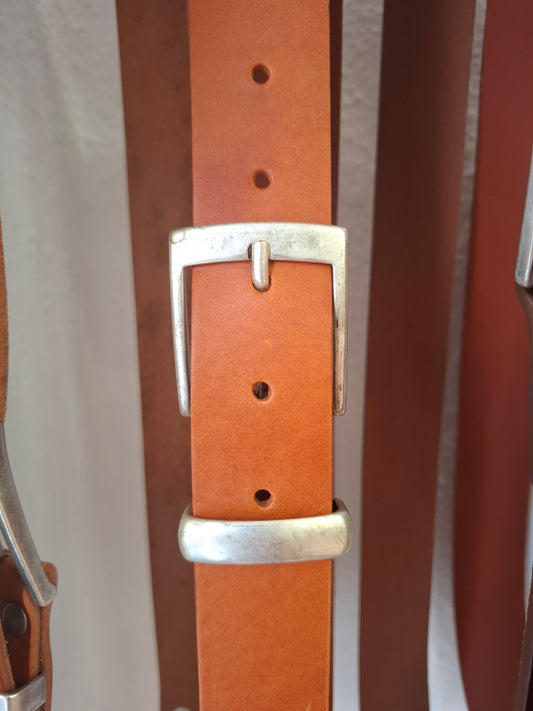 Cinturón hombre de piel camel 3,5cm hebilla plata vieja