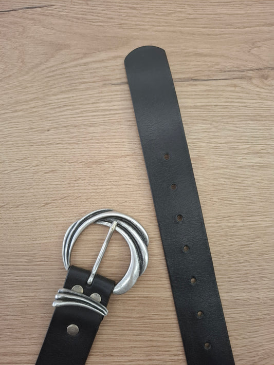 Cinturón de piel negro 3,5cm hebilla plata vieja ola