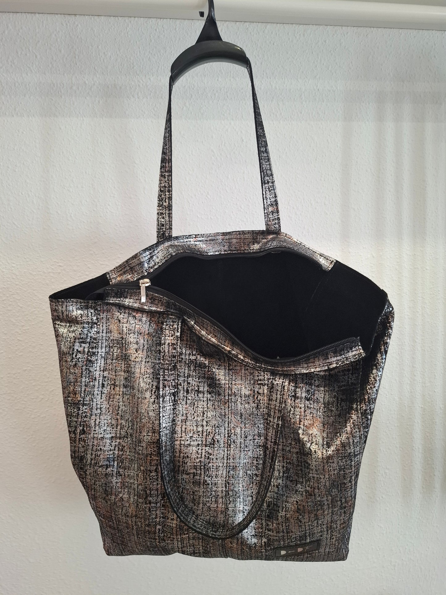 Bolso shopper VEGA XL piel jaspeado brillo negro y plata