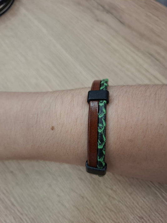 Pulsera piel marrón, verde y negro