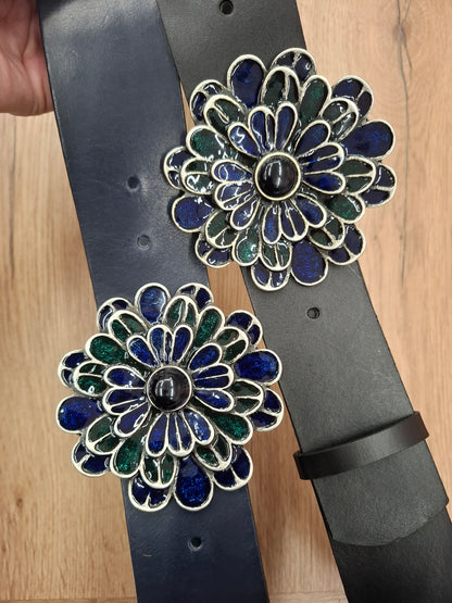 Cinturón de piel 5cm hebilla flor azul y verde