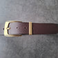 Cinturón hombre de piel marrón 4cm hebilla oro viejo con raya negra